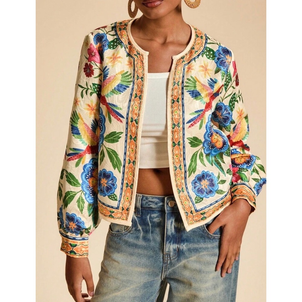 Tropical Parrot Floral Jacquard Open Front Bomber Jacket Cream Multi Size L